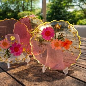 Pink Pressed Flower Coaster Set of 4